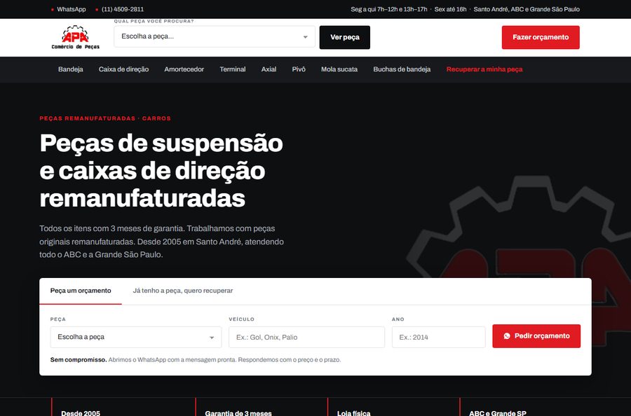 Página inicial do site da APA Comércio de Peças, com seletor de peça de suspensão e direção