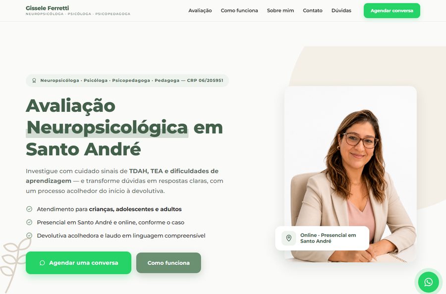 Página inicial do site da neuropsicóloga Gissele Ferretti, explicando a avaliação para TDAH e TEA