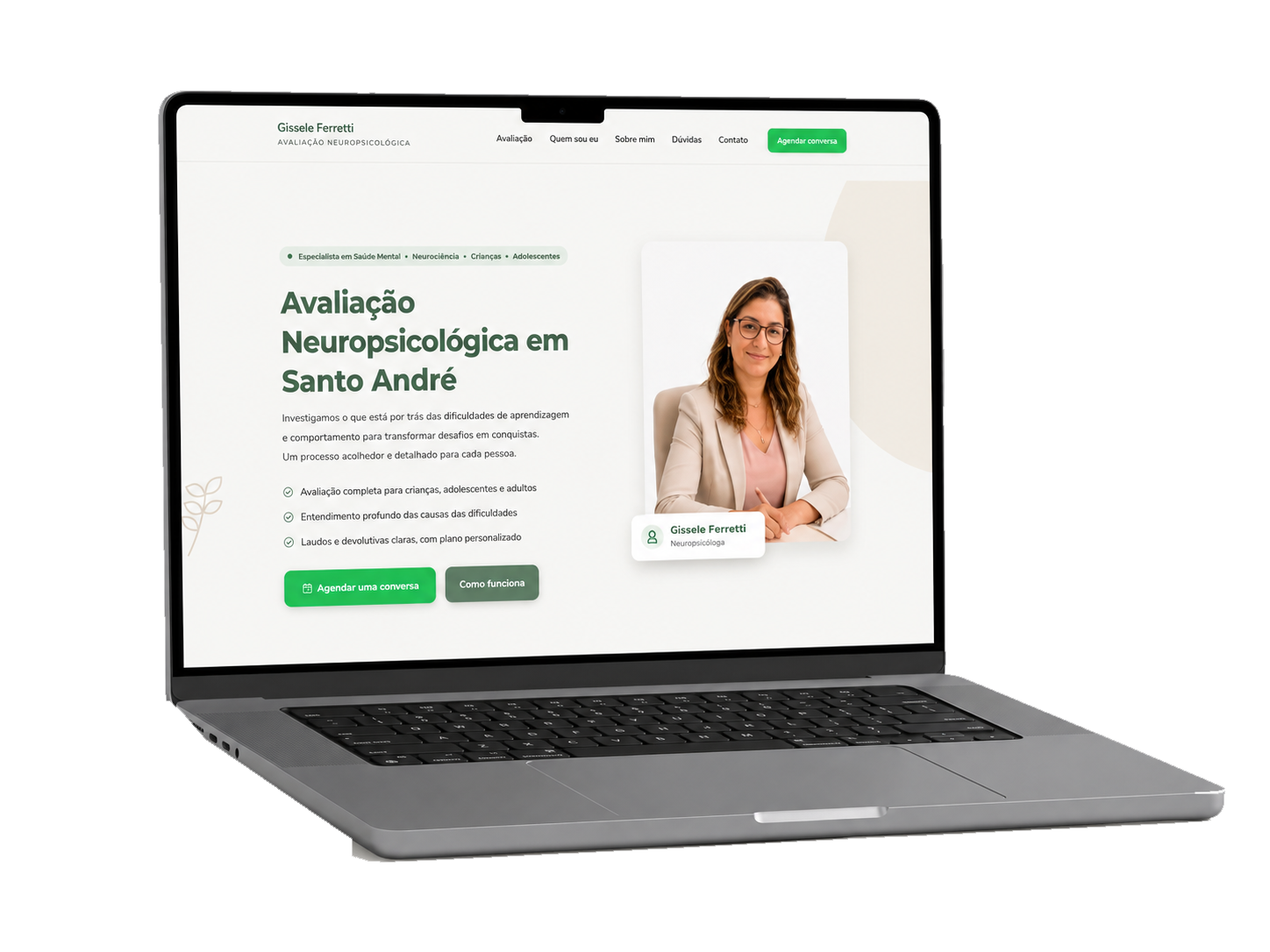 Site da Gissele Ferretti Psicóloga, um dos projetos reais da MF Digital, exibido em um notebook