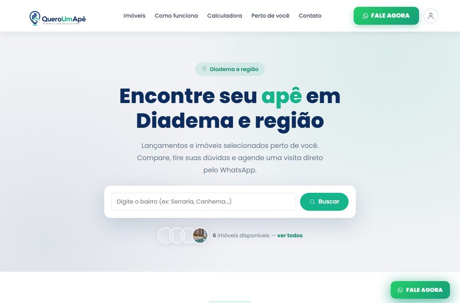 Página inicial do site Quero Um Apê, com busca de imóveis por bairro em Diadema